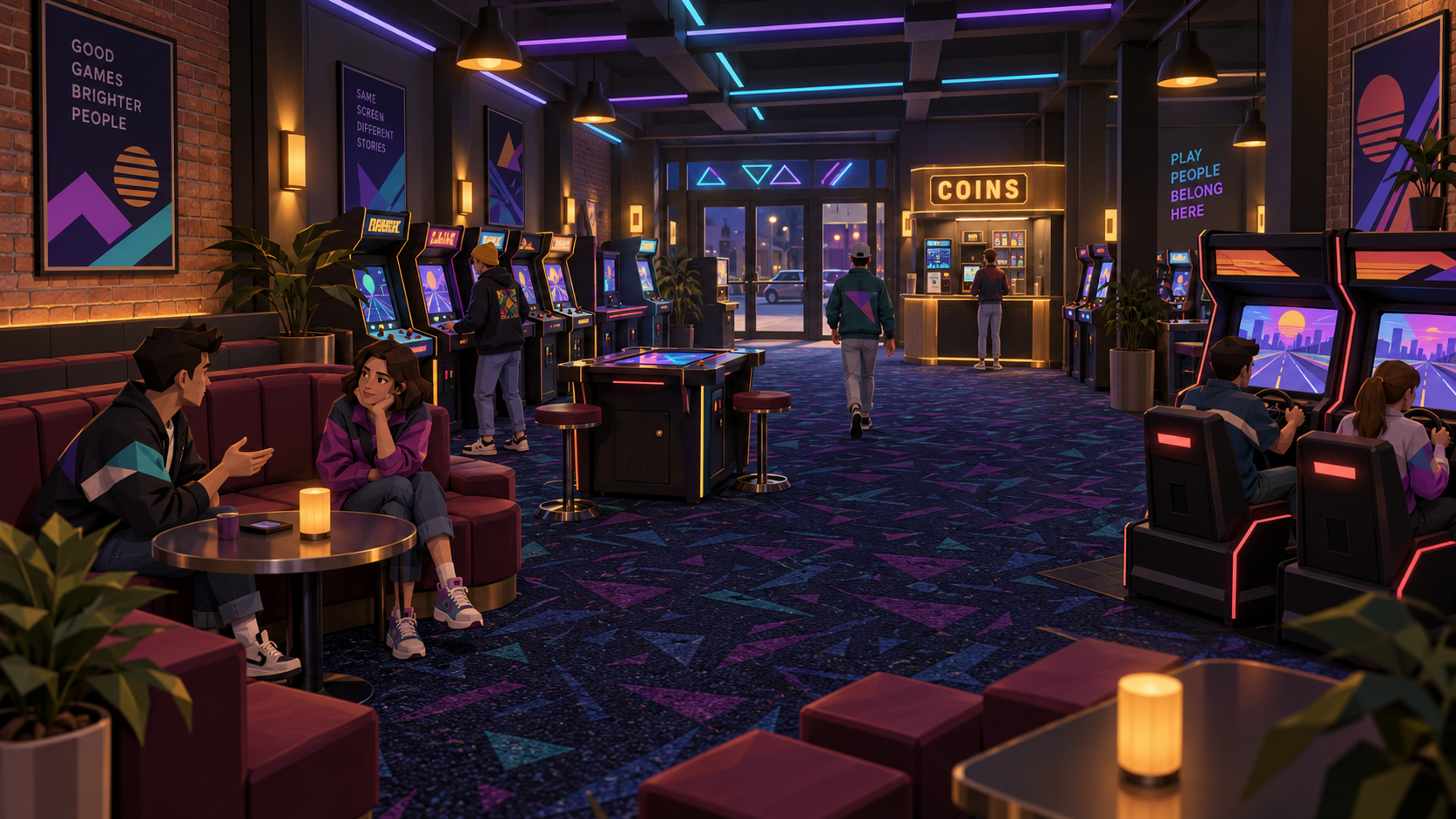 Arcade lounge concept overlooking cabinet rows